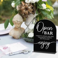 Black Acrylic Open Bar Wedding Sign 5 x 7 Inch Arch Tabletop Wedding Reception Sign with Wooden Stand Modern Calligraphy Bar Menu Display for Ceremony Reception Bridal Shower Event Decor