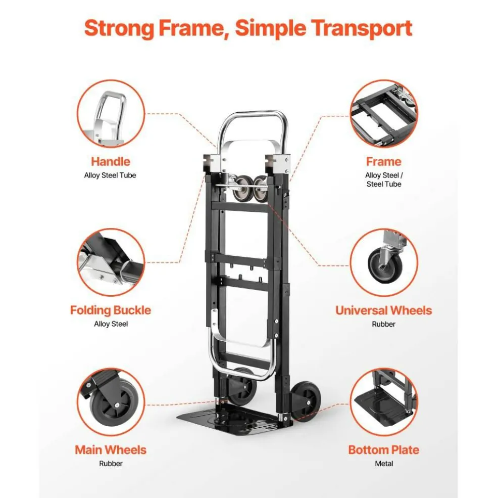 Black Alloy Steel Folding Hand Truck with 2/4-Wheel Modes & Telescopic Handle