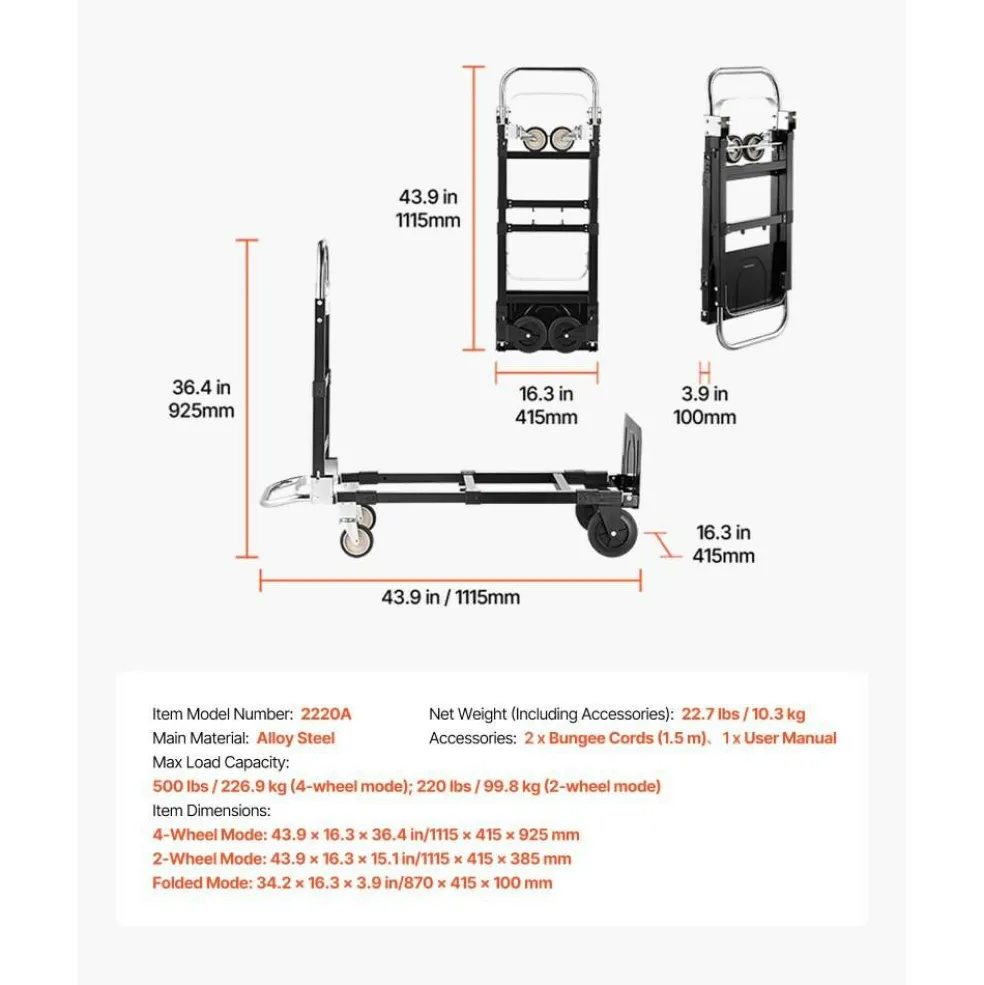 Black Alloy Steel Folding Hand Truck with 2/4-Wheel Modes & Telescopic Handle