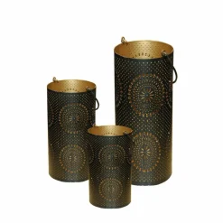Black and Gold Floral Cut-Out Pillar Candle Lanterns Set