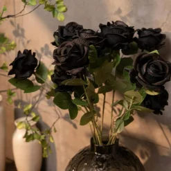 Black Artificial Roses 12PCS, 20 Inch Long Stem Silk Rose Flowers with Leaves, Realistic Faux Roses for Halloween Decor, DIY Wedding Bouquets, Home Office Vase Arrangements and Party Decorations