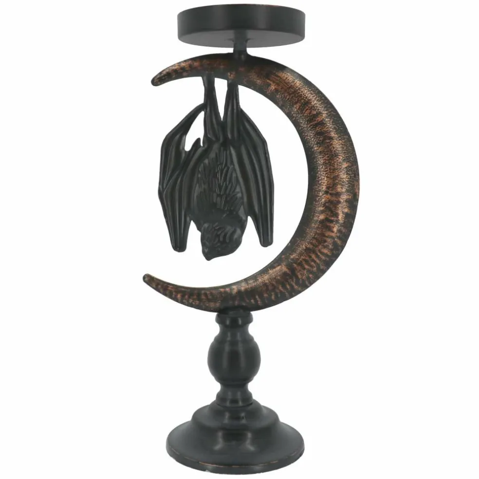 11" Black Bat in Moon Metal Pillar Candle Holder by Ashland®