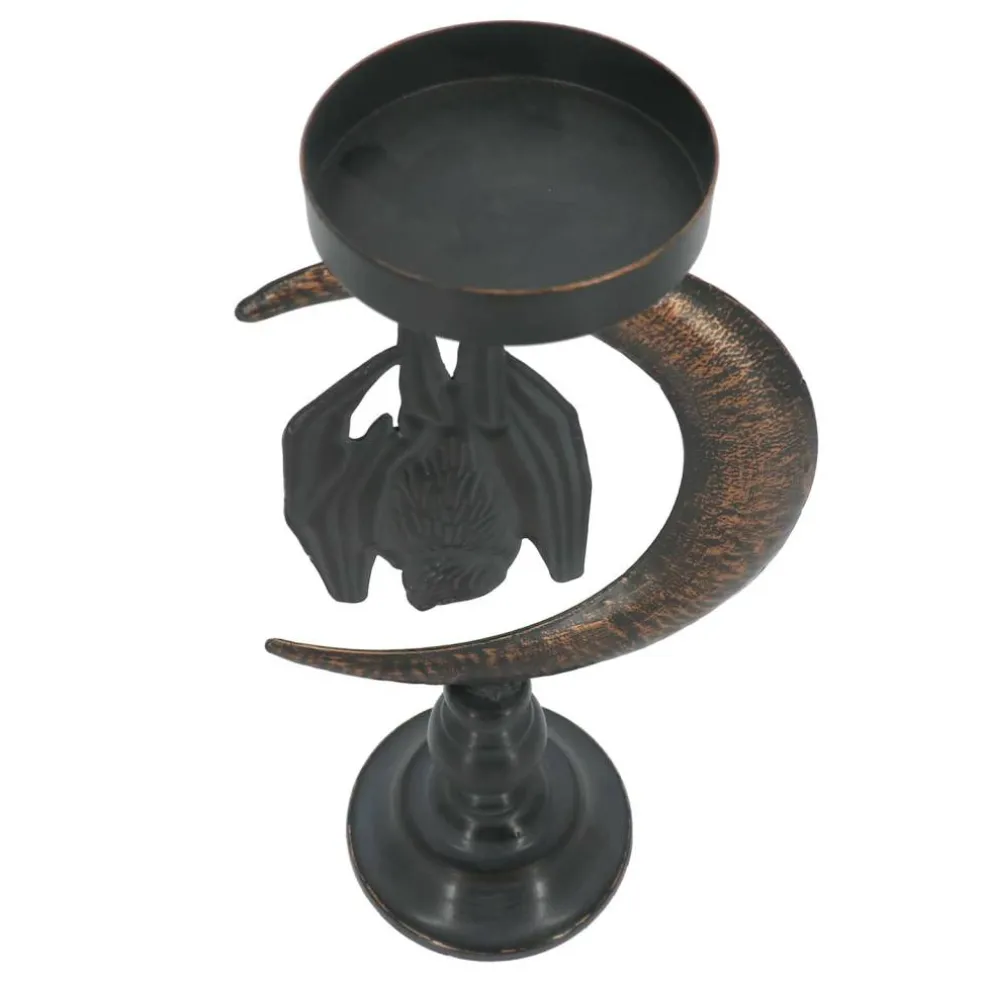 11" Black Bat in Moon Metal Pillar Candle Holder by Ashland®