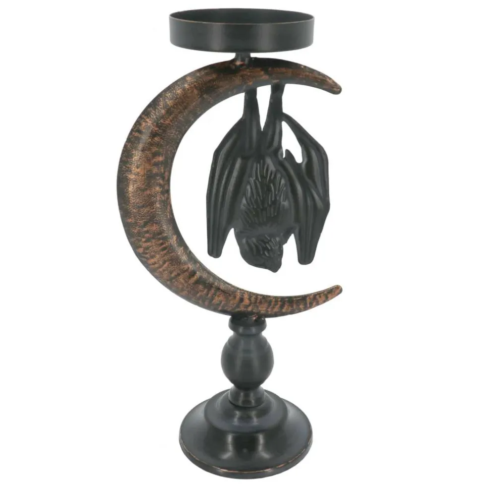 11" Black Bat in Moon Metal Pillar Candle Holder by Ashland®