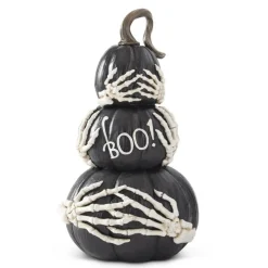 14.75" Black BOO Pumpkin Stack with Skeleton Hands – Halloween Tabletop Decor