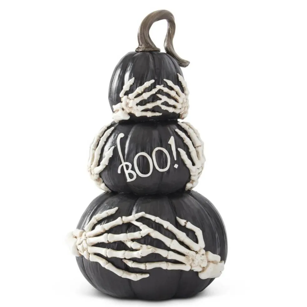 14.75" Black BOO Pumpkin Stack with Skeleton Hands – Halloween Tabletop Decor