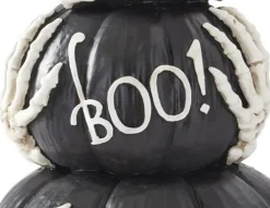 14.75" Black BOO Pumpkin Stack with Skeleton Hands – Halloween Tabletop Decor