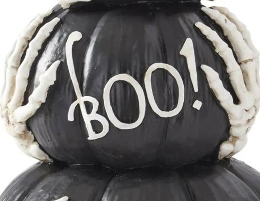 14.75" Black BOO Pumpkin Stack with Skeleton Hands – Halloween Tabletop Decor
