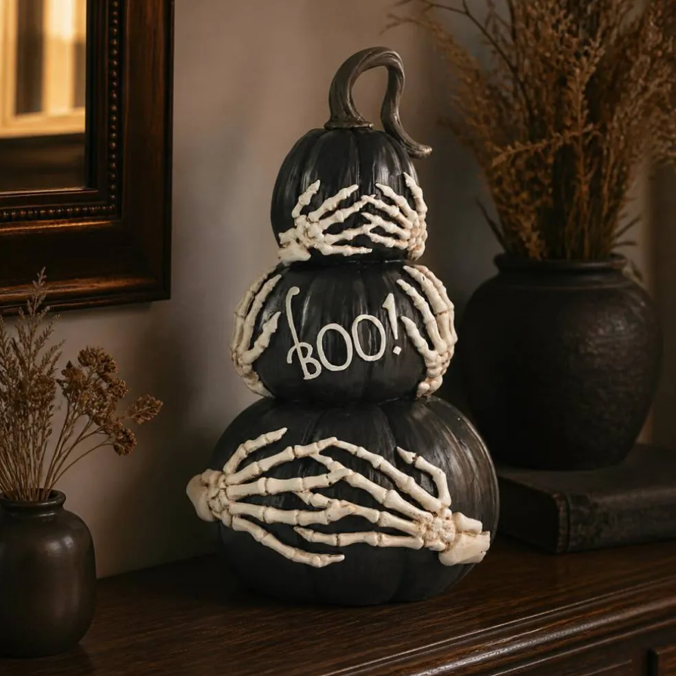 14.75" Black BOO Pumpkin Stack with Skeleton Hands – Halloween Tabletop Decor