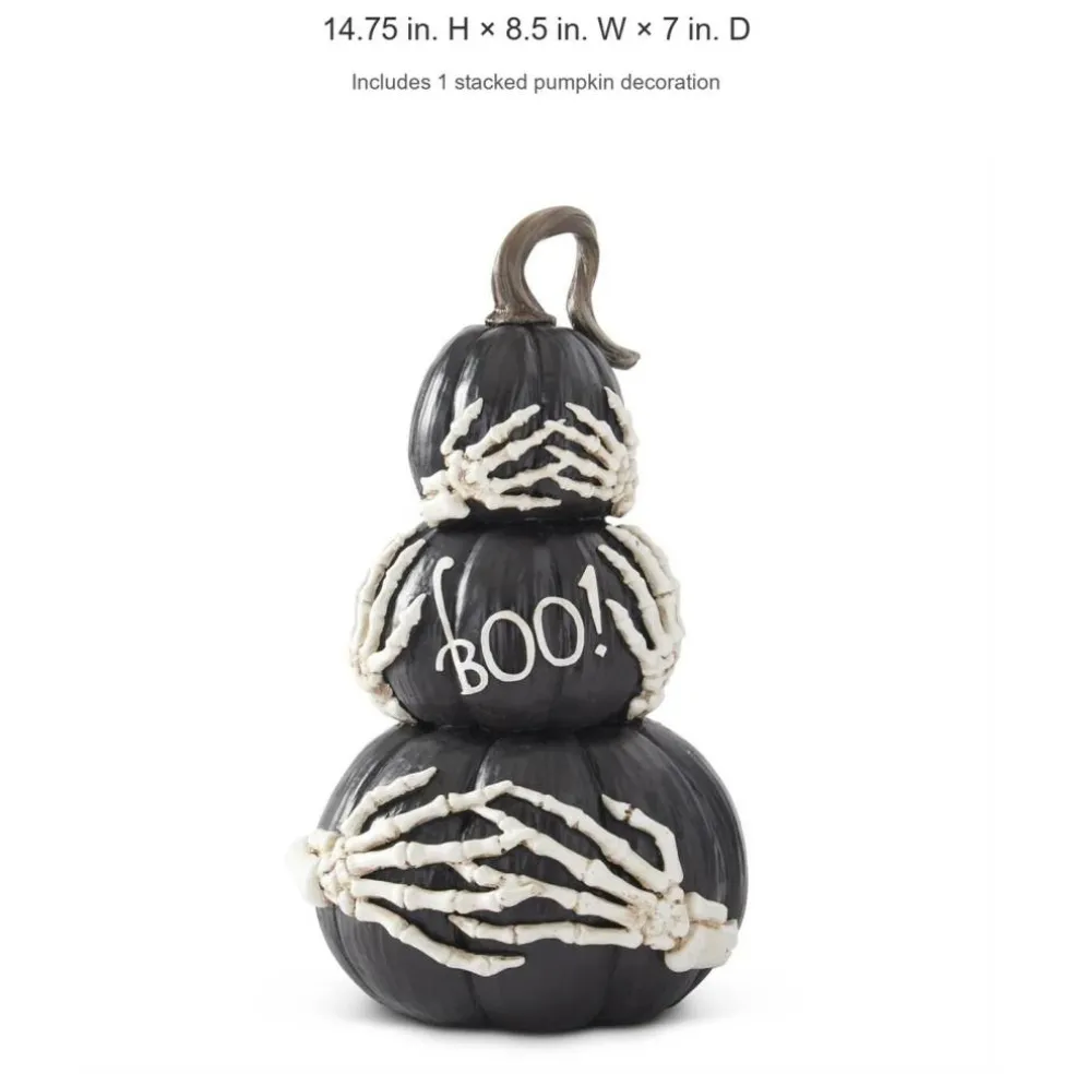 14.75" Black BOO Pumpkin Stack with Skeleton Hands – Halloween Tabletop Decor
