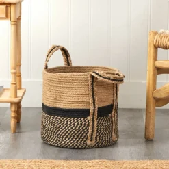 13'' Black Bottom Natural Cotton & Jute Boho Chic Basket Planter