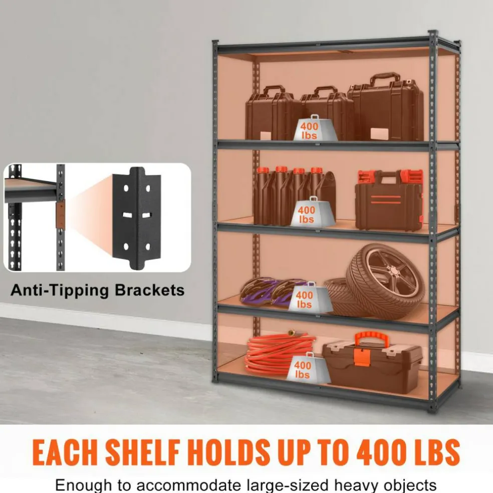 Black Carbon Steel Adjustable 5-Tier Garage Storage Rack with MDF Shelves