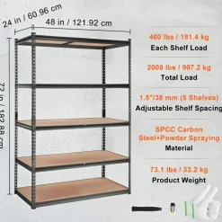 Black Carbon Steel Adjustable 5-Tier Garage Storage Rack with MDF Shelves