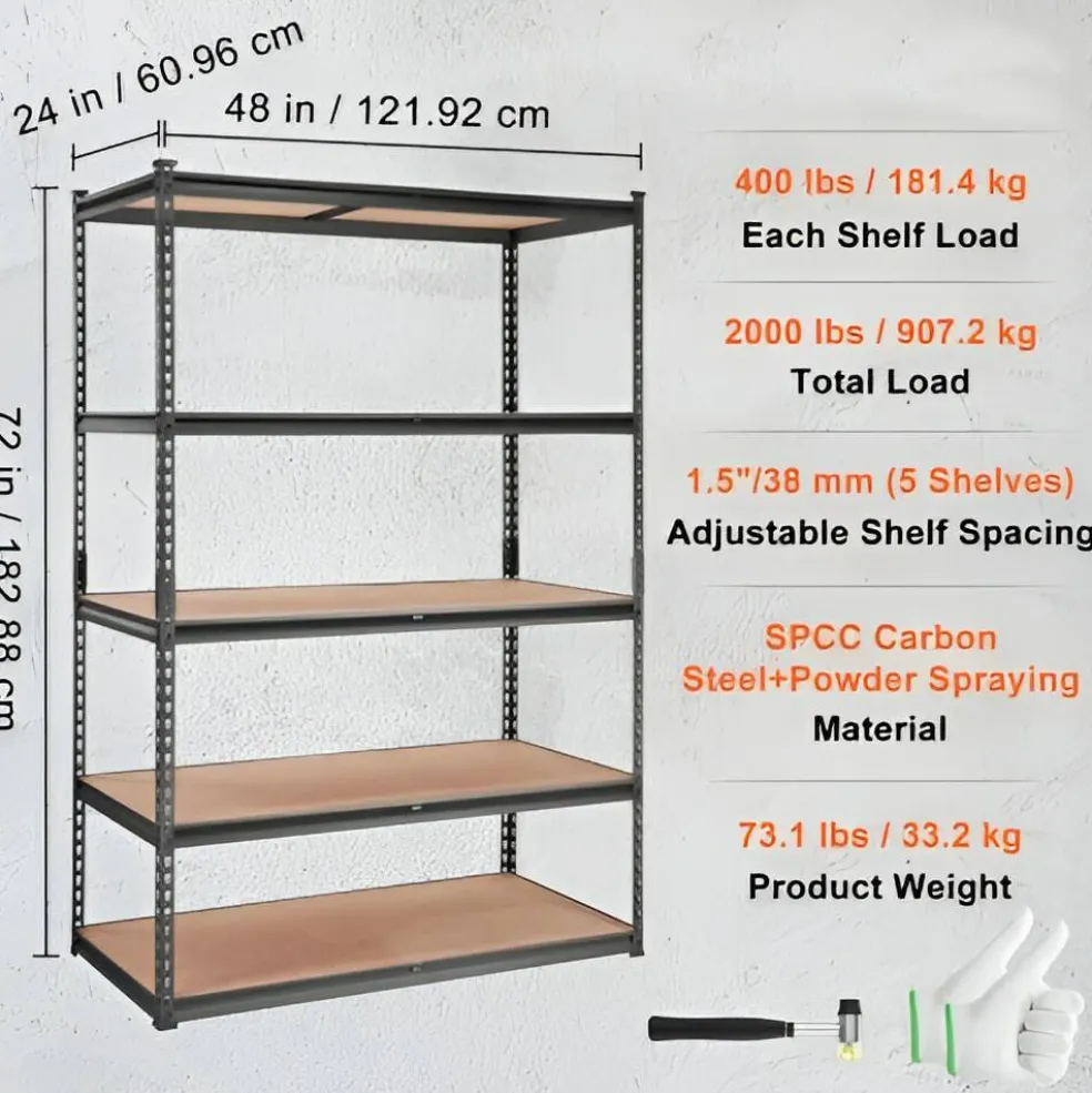 Black Carbon Steel Adjustable 5-Tier Garage Storage Rack with MDF Shelves