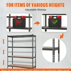 Black Carbon Steel Adjustable 5-Tier Garage Storage Rack with MDF Shelves