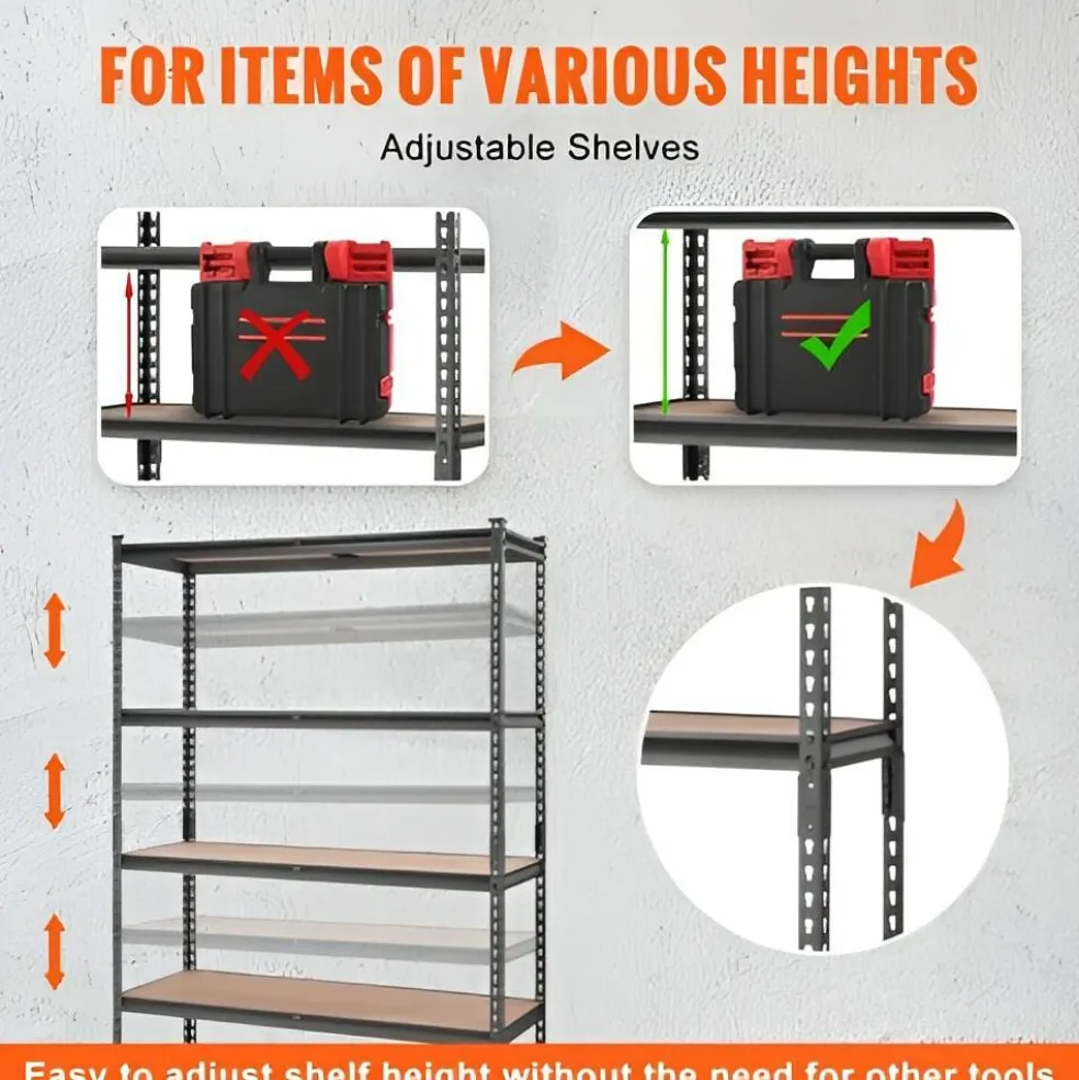 Black Carbon Steel Adjustable 5-Tier Garage Storage Rack with MDF Shelves