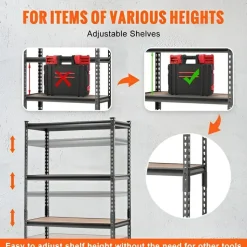 Black Carbon Steel Adjustable 5-Tier Garage Storage Rack with MDF Shelves