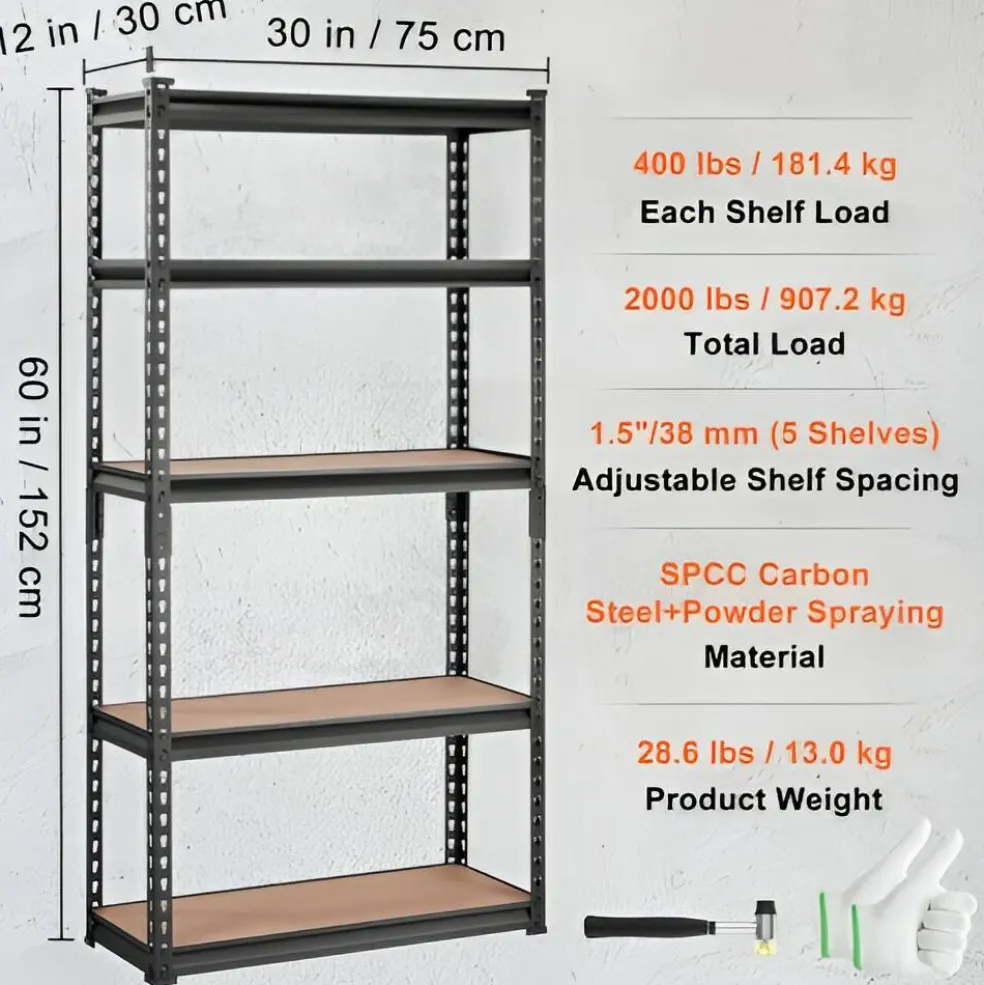 Black Carbon Steel Adjustable 5-Tier Garage Storage Rack with MDF Shelves