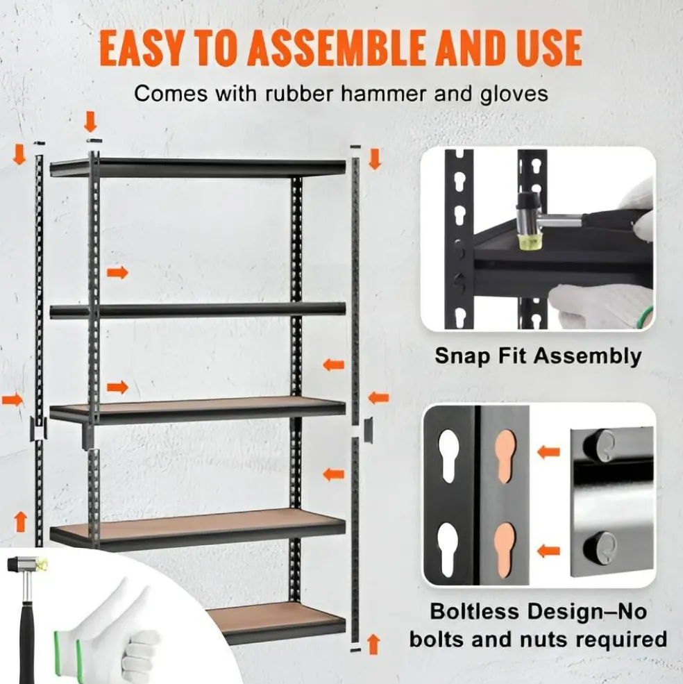 Black Carbon Steel Adjustable 5-Tier Garage Storage Rack with MDF Shelves