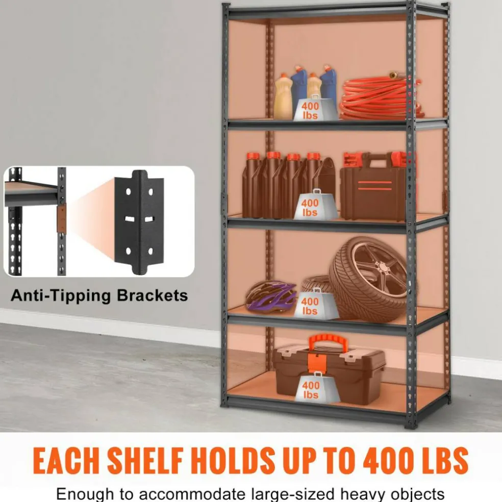 Black Carbon Steel Adjustable 5-Tier Garage Storage Rack with MDF Shelves