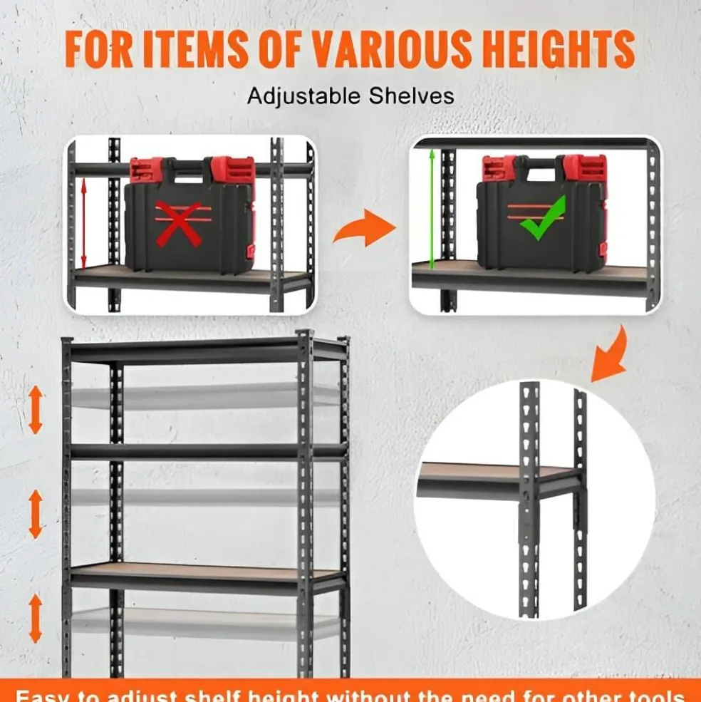 Black Carbon Steel Adjustable 5-Tier Garage Storage Rack with MDF Shelves
