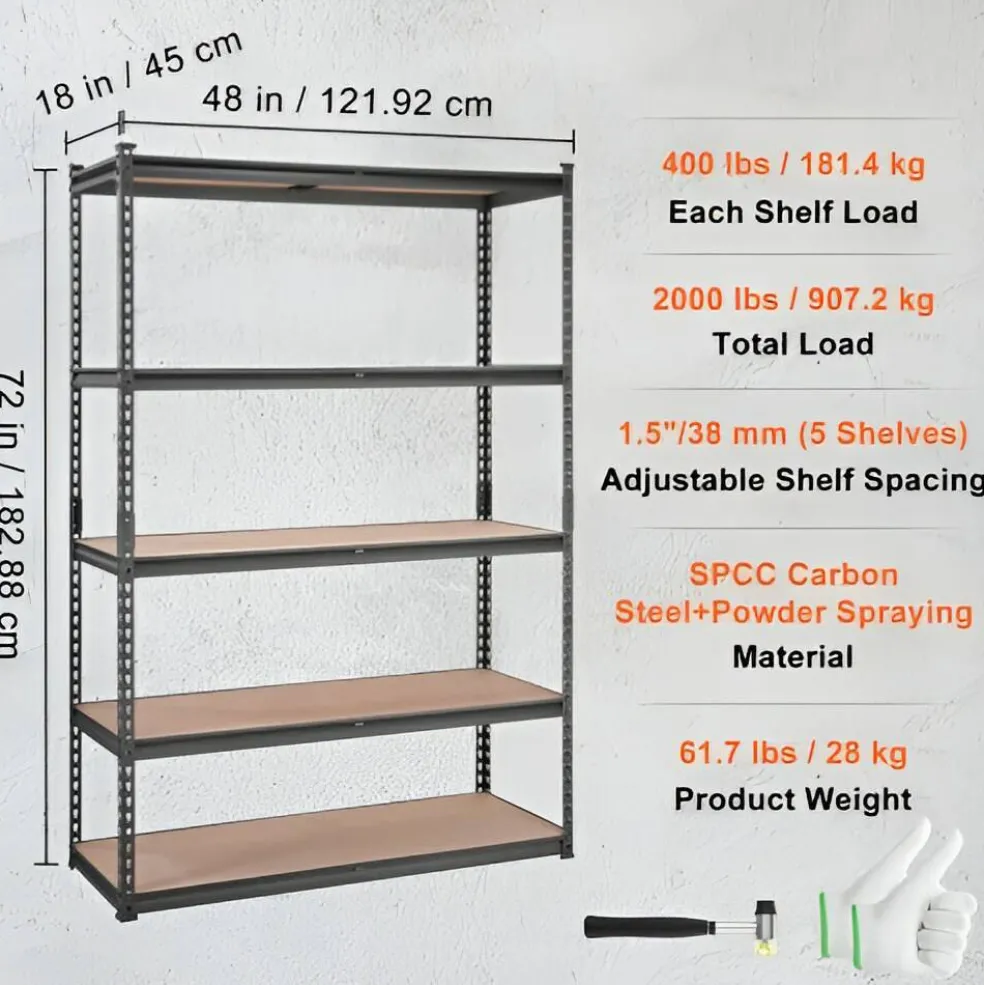 Black Carbon Steel Adjustable 5-Tier Garage Storage Rack with MDF Shelves