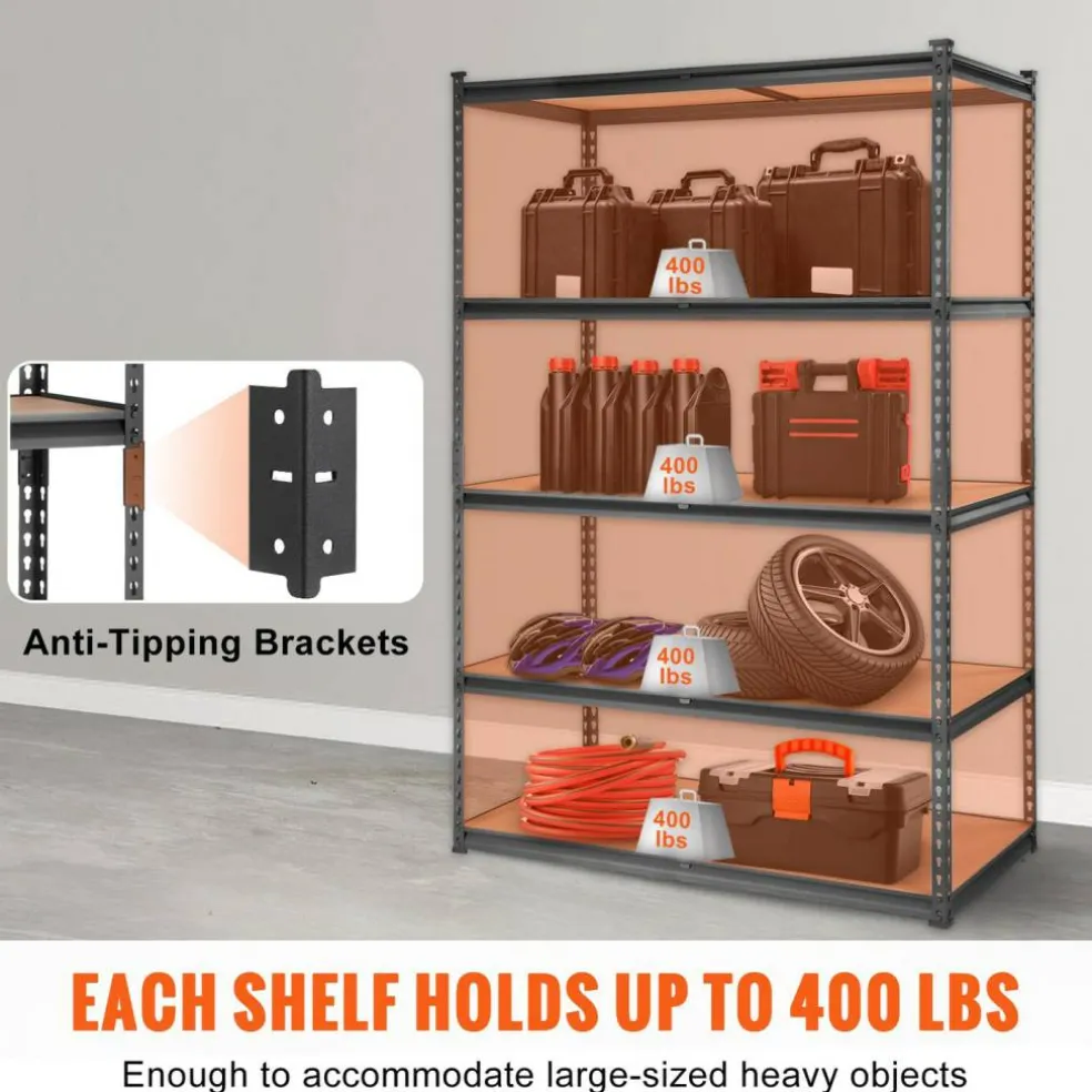Black Carbon Steel Adjustable 5-Tier Garage Storage Rack with MDF Shelves