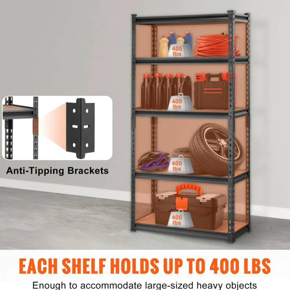 Black Carbon Steel Adjustable 5-Tier Garage Storage Rack with MDF Shelves