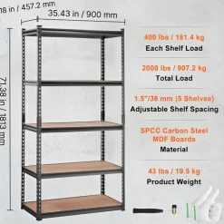 Black Carbon Steel Adjustable 5-Tier Garage Storage Rack with MDF Shelves