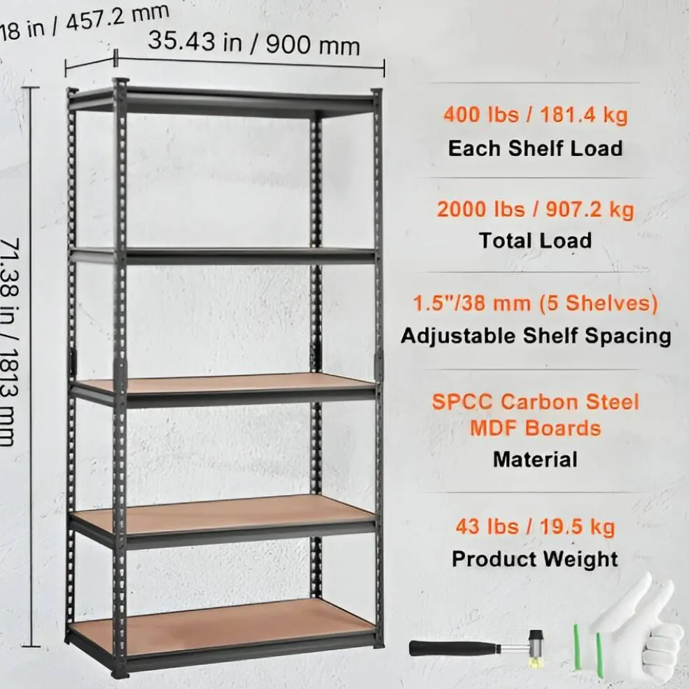 Black Carbon Steel Adjustable 5-Tier Garage Storage Rack with MDF Shelves