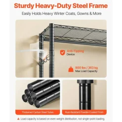 Black Carbon Steel 6-Tier Wardrobe Rack with Hanging Rods and Hooks