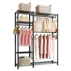 Black Carbon Steel 6-Tier Wardrobe Rack with Hanging Rods and Hooks