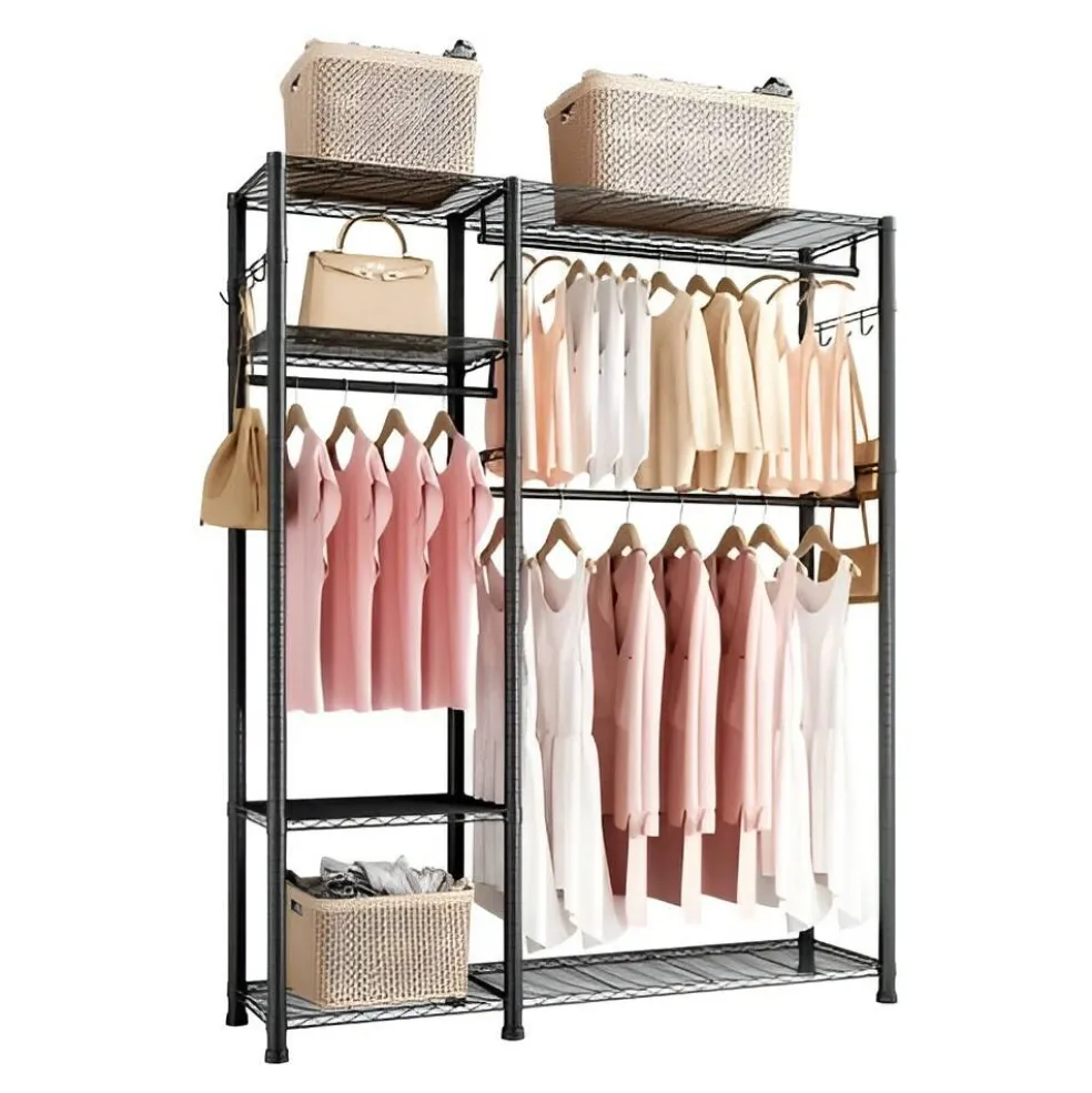 Black Carbon Steel 6-Tier Wardrobe Rack with Hanging Rods and Hooks