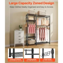 Black Carbon Steel 6-Tier Wardrobe Rack with Hanging Rods and Hooks
