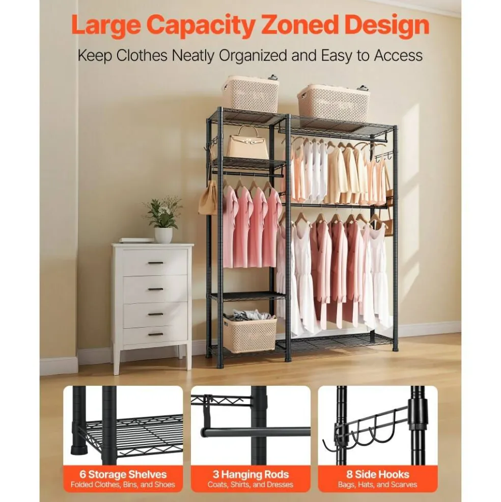 Black Carbon Steel 6-Tier Wardrobe Rack with Hanging Rods and Hooks