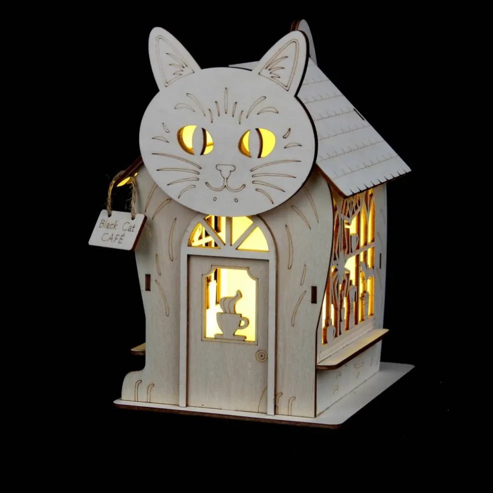 7.5" Black Cat Café DIY LED Wood Décor by Make Market®
