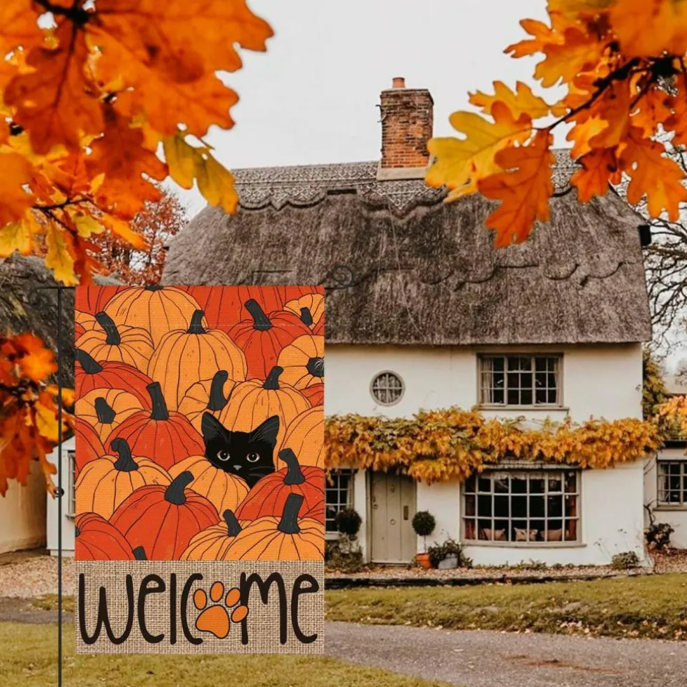 Black Cat Pumpkins Fall Garden Flag 12x18 Inch Outside