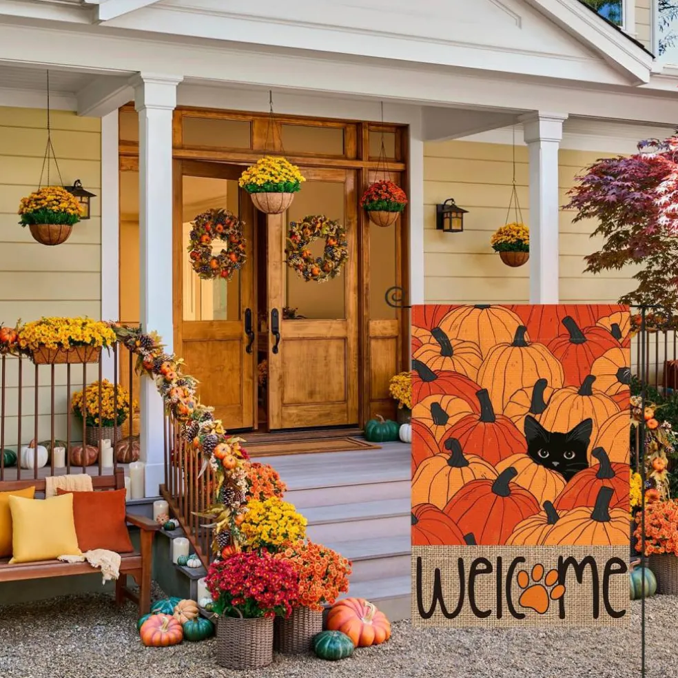 Black Cat Pumpkins Fall Garden Flag 12x18 Inch Outside