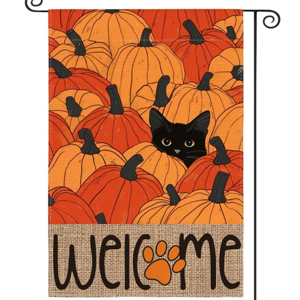 Black Cat Pumpkins Fall Garden Flag 12x18 Inch Outside