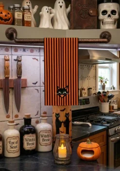 Black Cat Striped Tea Towel by Makery™