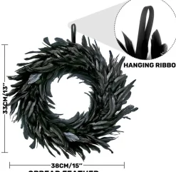 Black Feather Wreath 15 Inch, Natural Feather Halloween Wreath for Front Door, Witch Spooky Party Decor, Haunted House Photo Prop for Porch, Window, Living Room and Halloween Party
