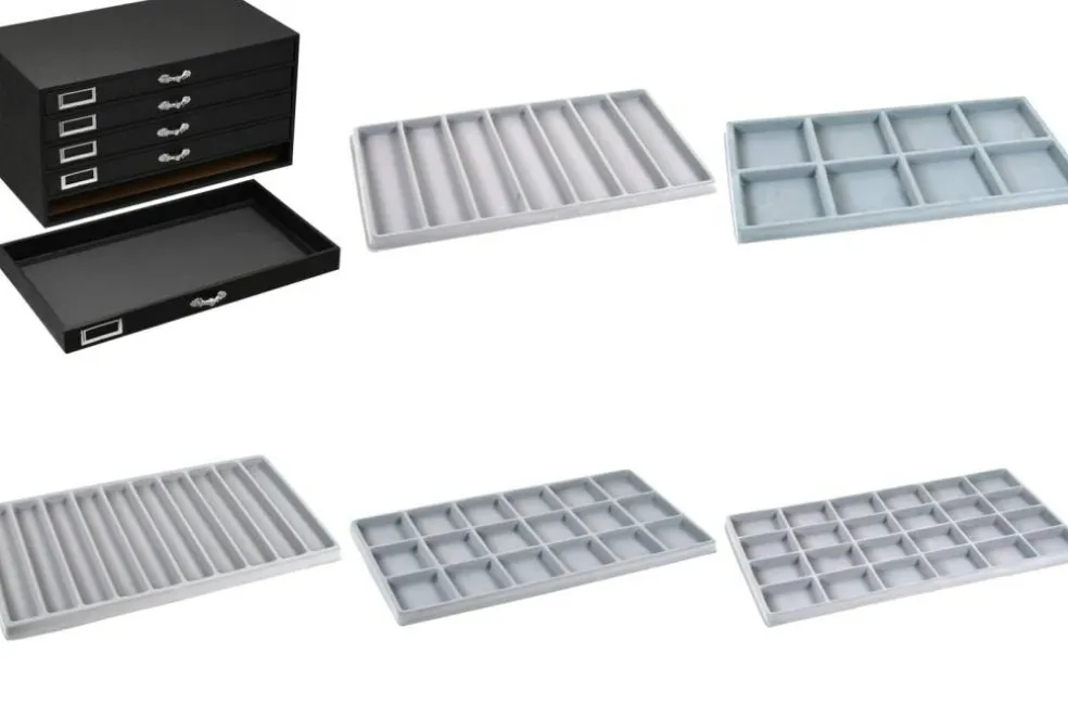 Black FindingKing 5-Drawer Jewelry Storage Case w/ 5 Gray Plastic Slotted Trays