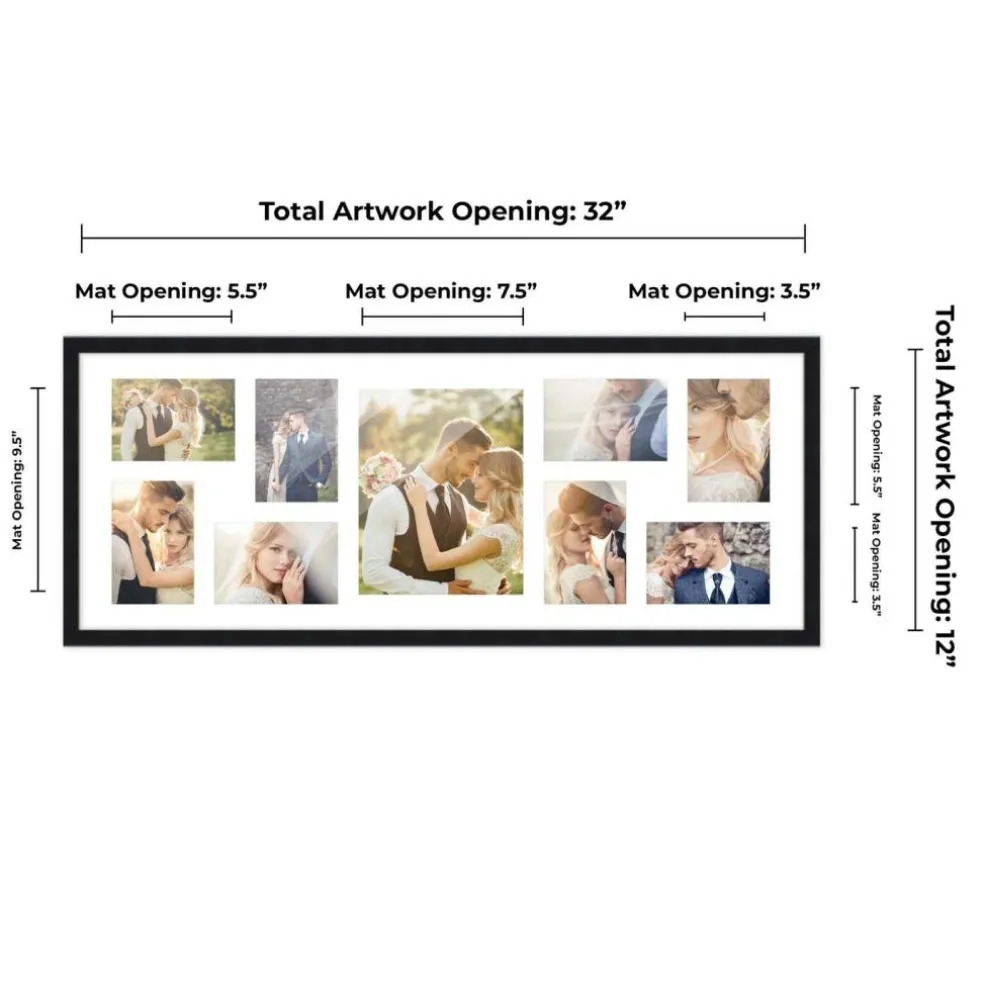 Black Finish Collage Frame - White Mat, 20 Frame Sizes to Choose From, UV Acrylic, Wall Hanging Hardware, Vertical or Horizontal Display