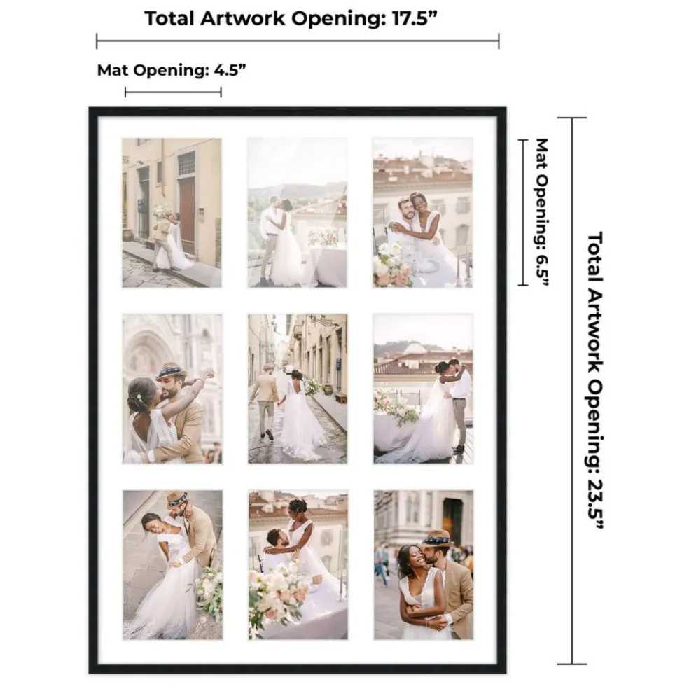 Black Finish Collage Frame - White Mat, 20 Frame Sizes to Choose From, UV Acrylic, Wall Hanging Hardware, Vertical or Horizontal Display
