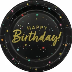 9" Black & Gold Starry Happy Birthday Paper Plates, 8ct. by Celebrate It™