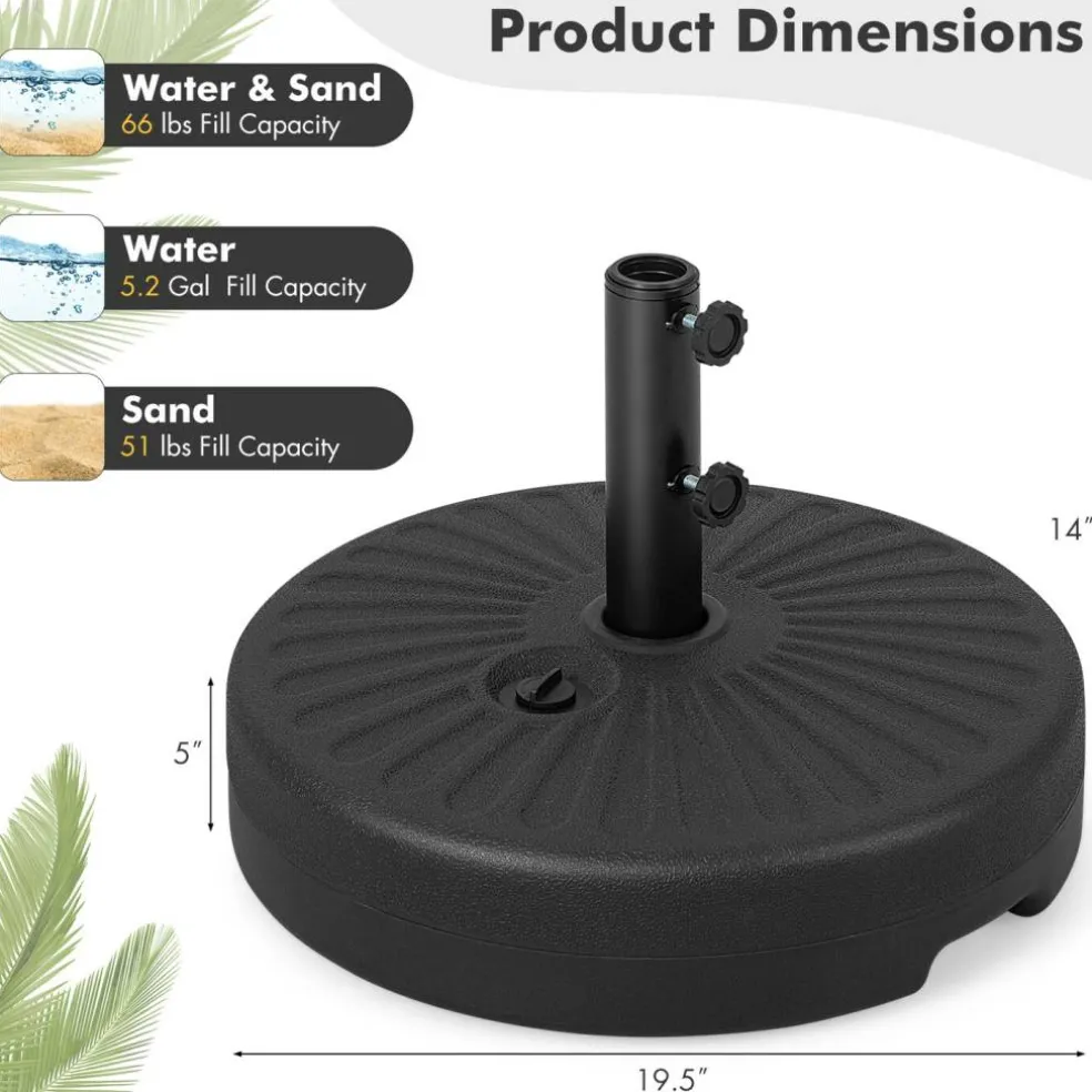 Black HDPE Patio Umbrella Base with Metal Pole and Refillable Design