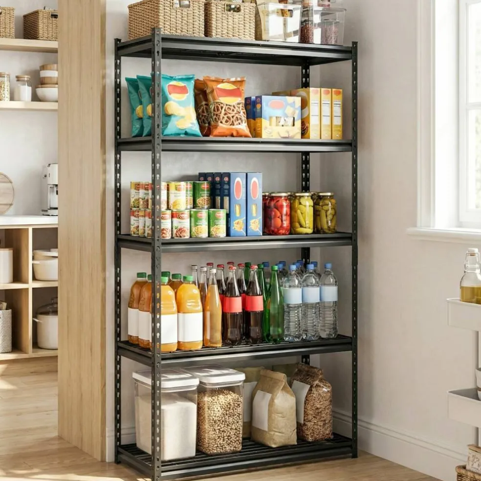 Black Heavy Duty 5 Tier Metal Storage Shelf Rack Adjustable Garage Organizer Unit 2000 lbs Capacity Kitchen Basement Warehouse Storage Rack