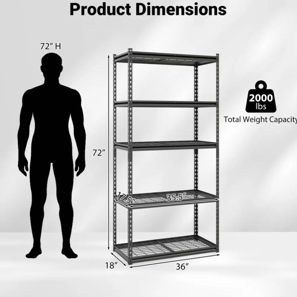 Black Heavy Duty 5 Tier Metal Storage Shelf Rack Adjustable Garage Organizer Unit 2000 lbs Capacity Kitchen Basement Warehouse Storage Rack