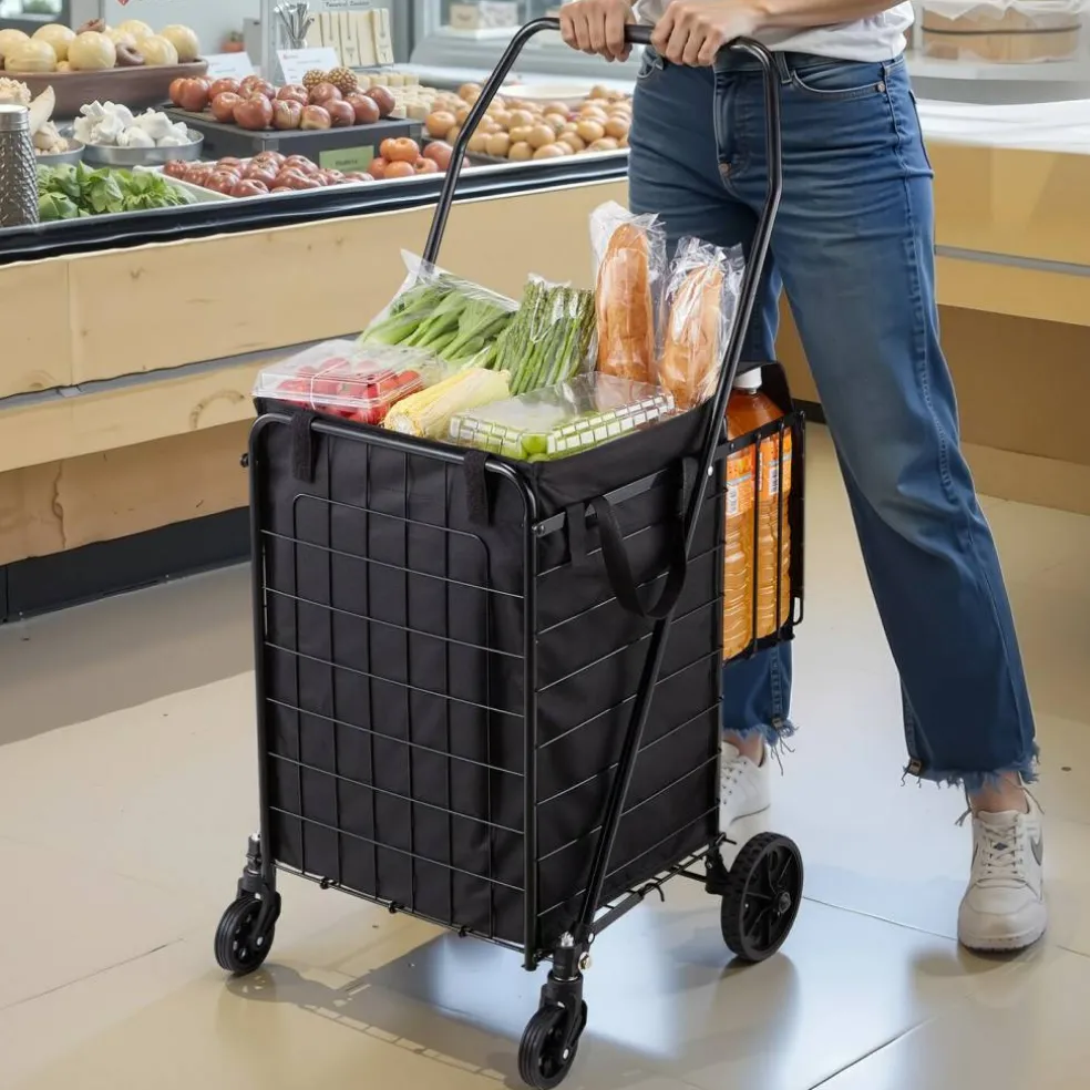 Black Iron Utility Cart 100lbs Load Foldable Shopping Laundry Wagon