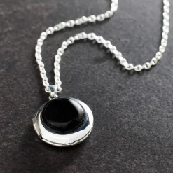 Black Jasper & Rhodium Round Locket by Bead Landing™